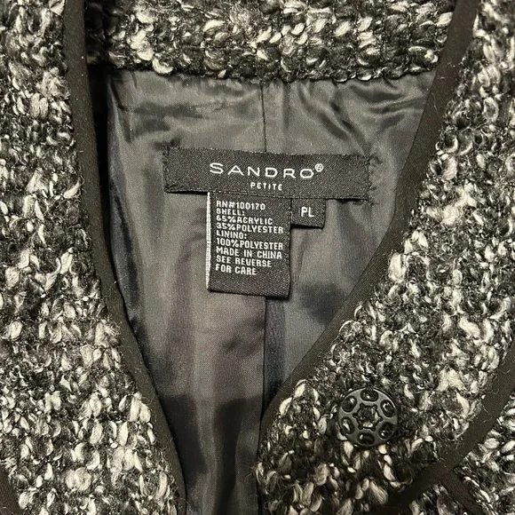 Sandro Paris Petite Bouclé Jacket Black White Trimmed Coat - Picture 4 of 9